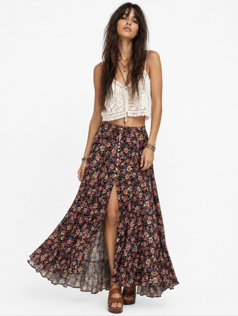 Rachel Zoe Long Floral Boho Flowy Maxi Skirt With Smocked Waist Size Large NEW
